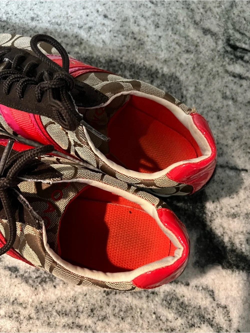 Coach Brown Signature Sneakers with Pink & Red Accents 7 M